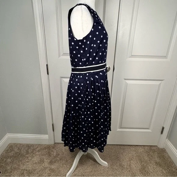 Talbots Navy White Polka Dot Fit Flare Work Dress Cotton Lined Size 14 Classic - Picture 3 of 9